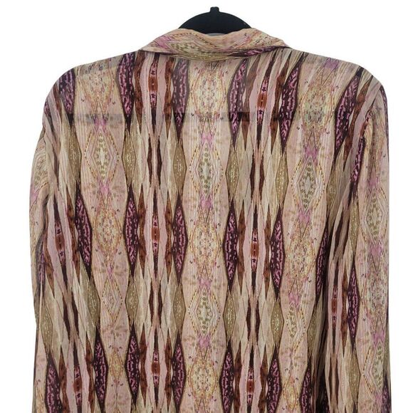 Vintage 70s Sheer Button Down Blouse XL Pink Metallic Geometric Striped Groovy - Picture 9 of 11